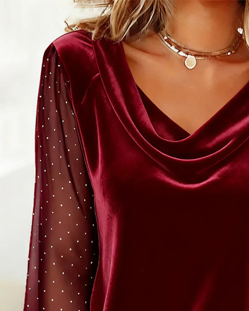 Paula - Blusa con cuello drapeado y paneles semitransparentes